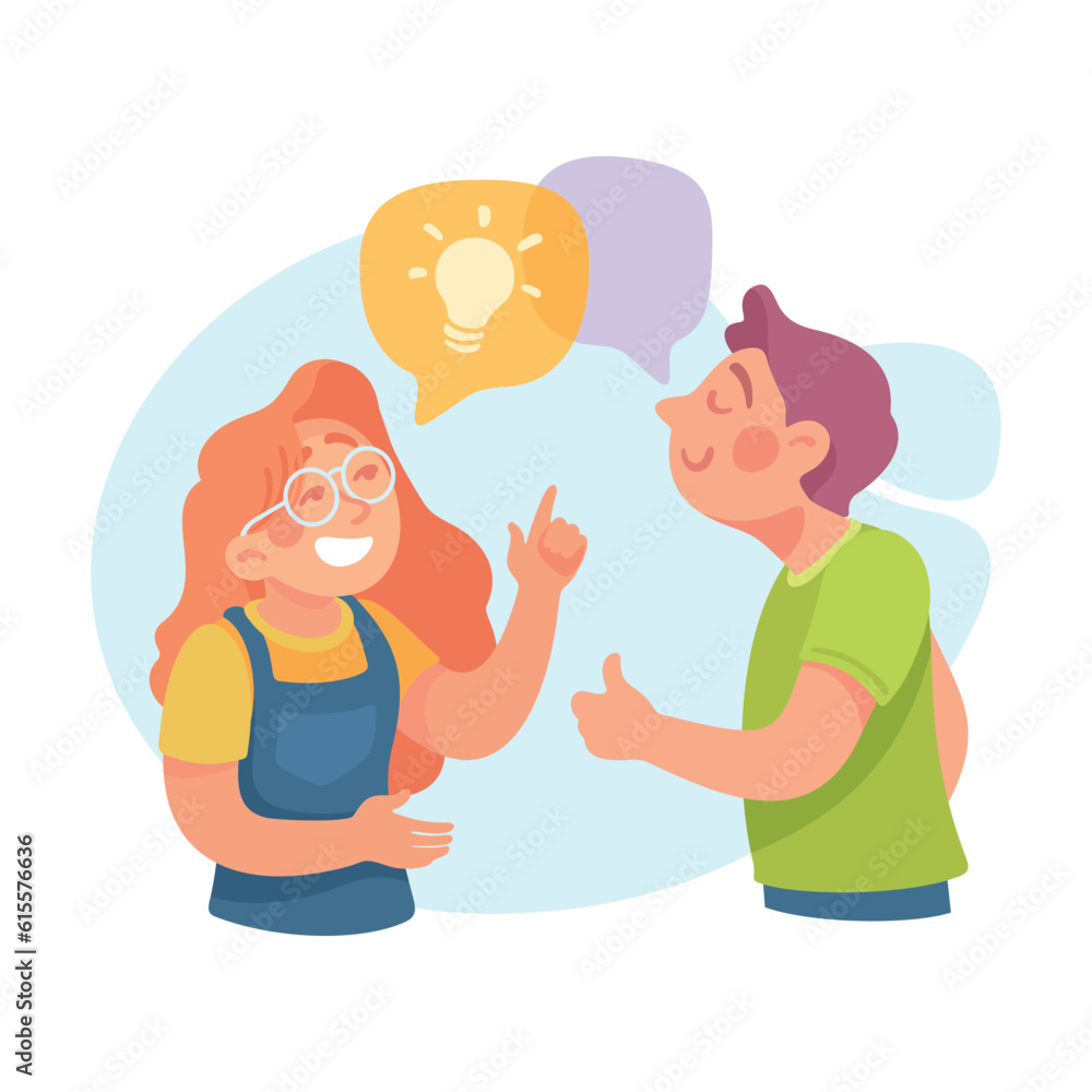 Poster man and woman having bright idea and finding smart solution cheering vector illustration