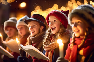 group of children singing Christmas carols outside in the evening with candles - 615576626