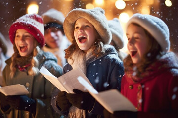 group of people dressed in 19th-century clothing sing Christmas carols in the street, England