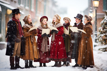 group of people dressed in 19th-century clothing sing Christmas carols in the street, England