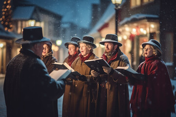 Fototapeta premium group of people dressed in 19th-century clothing sing Christmas carols in the street, England