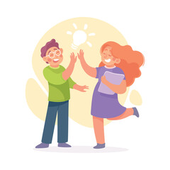 Man and Woman Having Bright Idea and Finding Smart Solution Cheering Vector Illustration