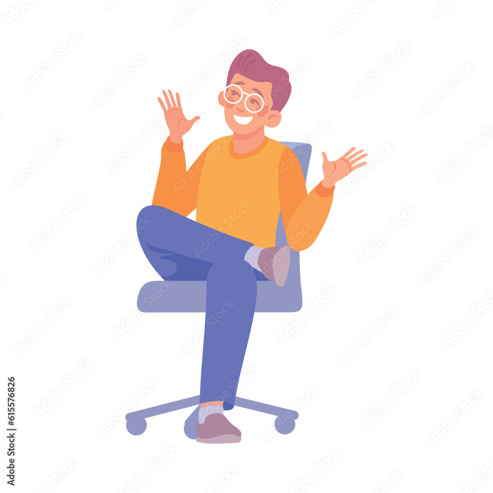 Aufkleber man sitting on chair having bright idea and finding smart solution cheering vector illustration