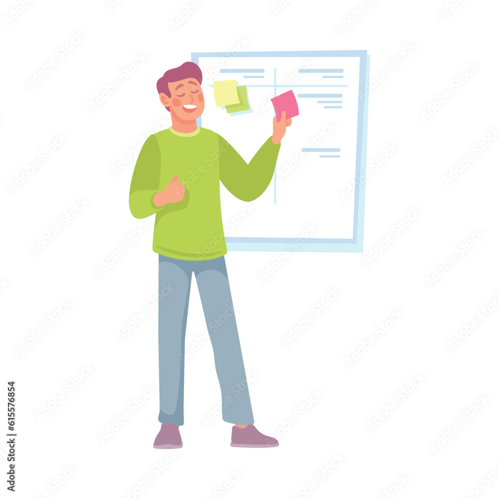 Poster man standing near task board having bright idea and finding smart solution cheering vector illustrat