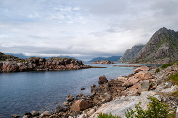 Fototapeta na wymiar Rocky and rocky coast with sandy beaches - Lofoten, Norway