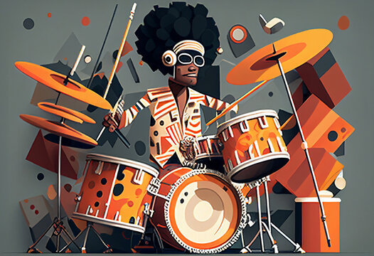 Afro-American male drummer musician playing a drum kit in an abstract vintage distressed style painting for a poster or flyer, computer Generative AI stock illustration image