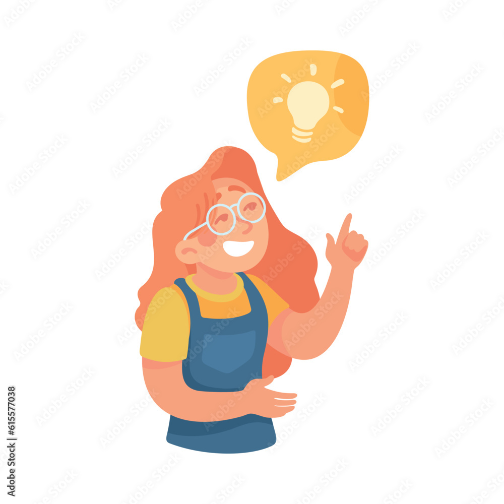 Poster woman with lightbulb having bright idea and finding smart solution cheering vector illustration
