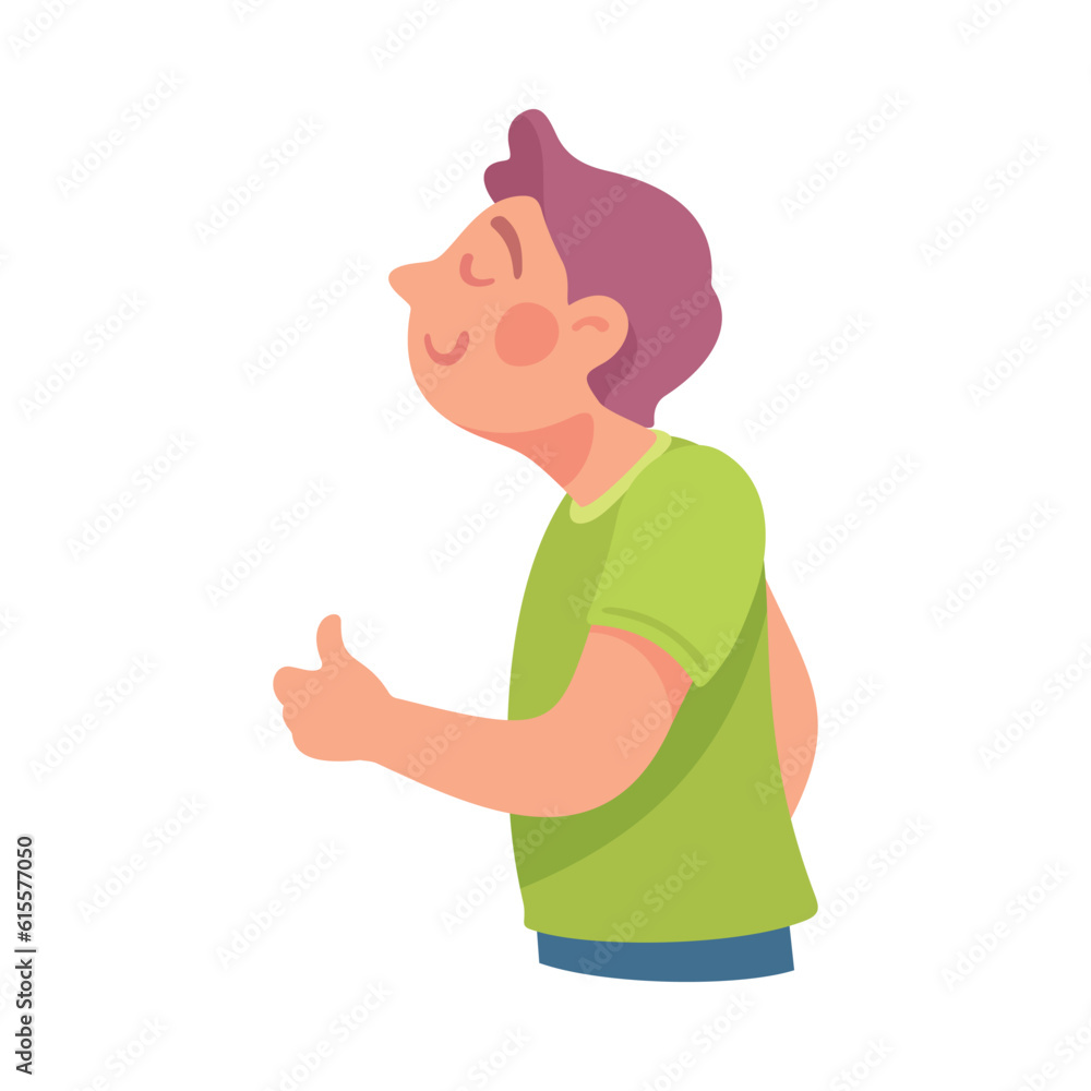 Poster man showing thumb up having bright idea and finding smart solution cheering vector illustration