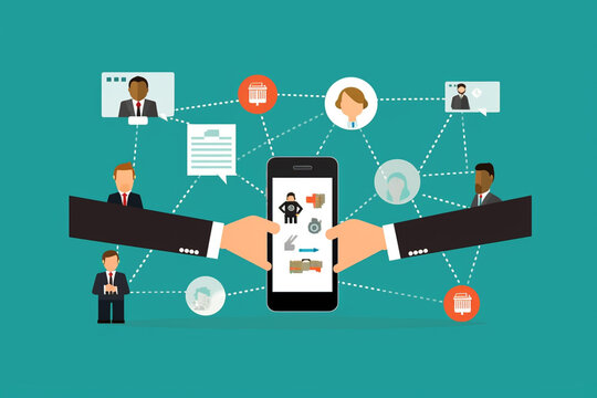 An illustration of two business people holding a smartphone with abstract elements around it