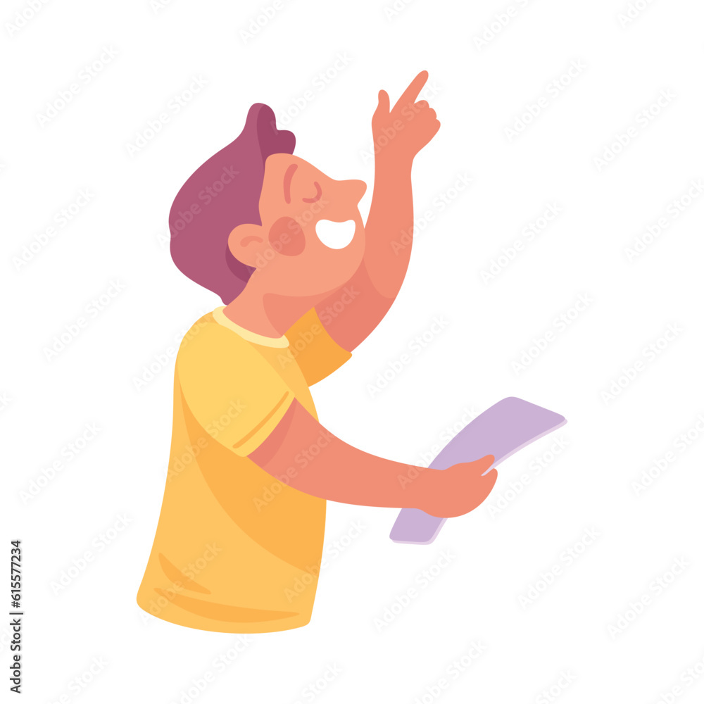 Poster lucky man with paper having bright idea and finding smart solution cheering vector illustration
