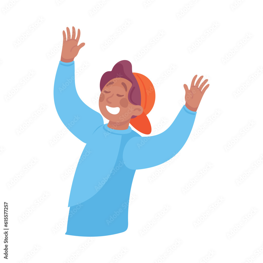 Poster lucky man with raised hand having bright idea and finding smart solution cheering vector illustratio