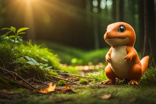 Hyper realistic charmander baby left in the woods, weird, otherworldly, real, vintage photograph, film set, 85mm lens, f/2.8 aperture