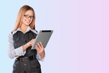 young smiling business woman holding tablet computer