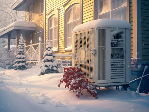 The outdoor unit of the air conditioner in the snow during winter. 