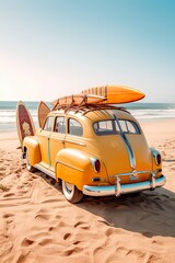 the car is parked on a beach, with the driver and passengers lounging on the sand nearby. The car is loaded up with surfboards and beach gear, ready for a day of fun in the sun