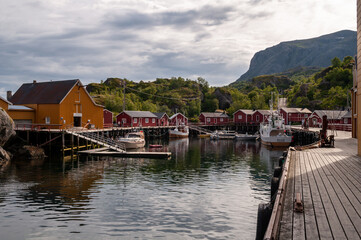 Fototapeta na wymiar Small fishing village of Nusfjord with wooden houses in Lofoten, Norway.