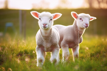 Fototapeta premium Two young lamb sheep on spring meadow looking curious into camera, nice warm afternoon sunlight haze. Generative AI