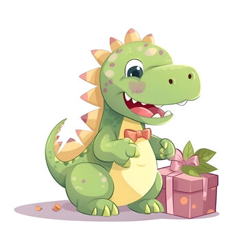Cute cartoon dinosaur with gift box. Vector illustration isolated on white background.