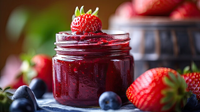 Close up of strawberry jam and fresh berries in jars on table