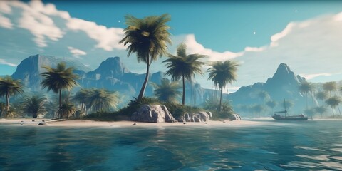 Wild, uninhabited island with palm trees and mountains. Created with generative AI tools