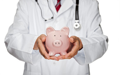 Doctor Holding a Piggy Bank