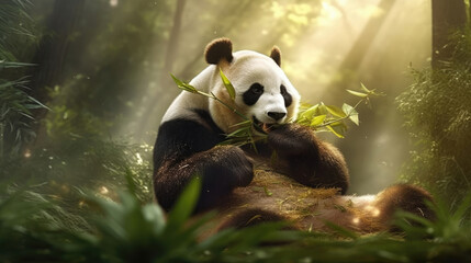 Naklejka premium A giant panda eating bamboo