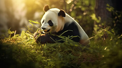 Obraz na płótnie Canvas A giant panda eating bamboo