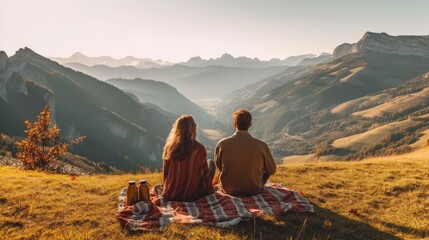 Young couple in love doing picnic visiting alps Dolomities. Boyfriend and girlfriend sitting and looking at the beautiful scenic green meadow landscape. - obrazy, fototapety, plakaty