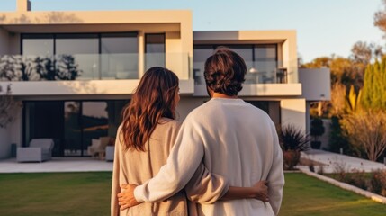 Happy young couple standing in front of new home - Husband and wife buying new house. Life style real estate concept. - obrazy, fototapety, plakaty