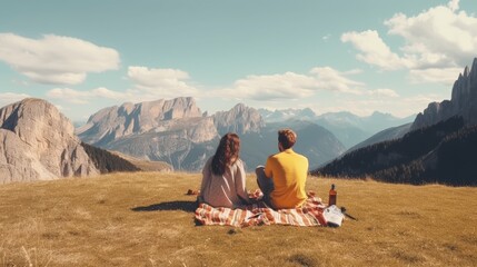 Young couple in love doing picnic visiting alps Dolomities. Boyfriend and girlfriend sitting and looking at the beautiful scenic green meadow landscape.