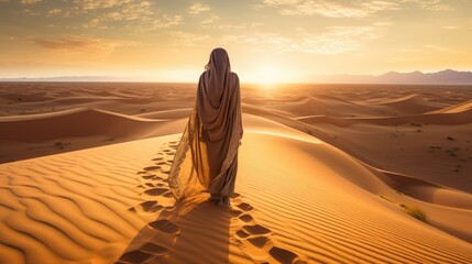 Arabian woman walk in the desert sand dunes at sunset. Wanderlust and summer vacation concept - obrazy, fototapety, plakaty