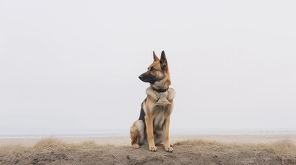 Fototapeta na wymiar German Shepard Dog sitting on its own with a very bleak simple landscape behind