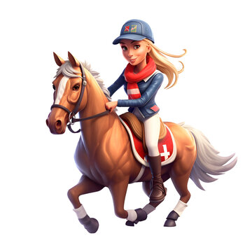 Beautiful girl jockey riding a horse on a white background.