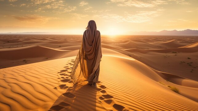Arabian woman walk in the desert sand dunes at sunset. Wanderlust and summer vacation concept