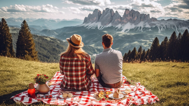 Young couple in love doing picnic visiting alps Dolomities. Boyfriend and girlfriend sitting and looking at the beautiful scenic green meadow landscape.