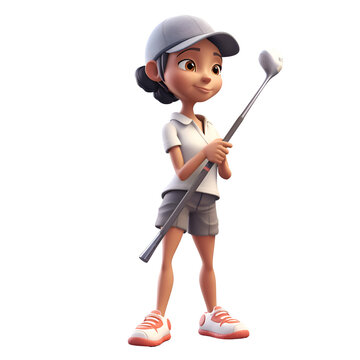 3D Render of Little Boy with golf club isolated on white background