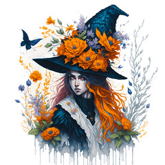 Watercolor Witch Clipart , Witchcraft Clip art, Witch wearing a hat surrounded by flowers beautiful gothic fantasy, Magic clip art. Generative AI