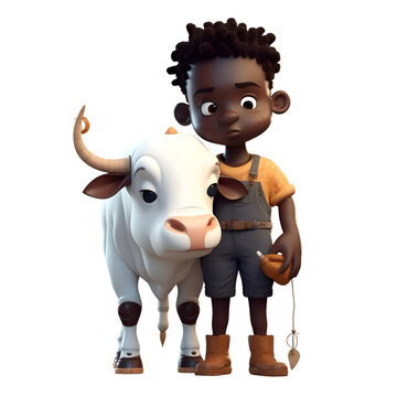 3D Render of a Little African American Boy with a Cattle