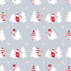 Christmas background. Seamless pattern. Cute snowmen have fun. Snowmen in red winter clothes and white fir trees. Vector illustration
