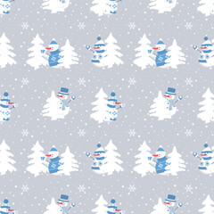 Christmas background. Seamless pattern. Cute snowmen have fun. Different snowmen in blue winter clothes and white fir trees. Vector illustration