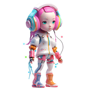 Robot girl with headphones. 3D illustration. Cartoon character.