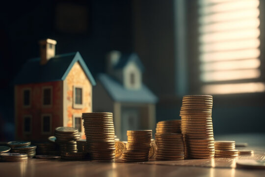 Houses and coins. Real estate insurance, mortgage. AI generative.