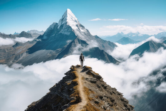A person standing near mountains facing the clouds