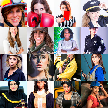 Generative AI illustration from 16 photographs of women performing trades and professions in activities that are mostly male