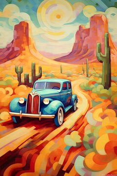 depicts the car driving through a desert landscape, with cacti and sand dunes visible in the background. The driver is wearing a cowboy hat and boots, with a sense of rugged individualism and adventur