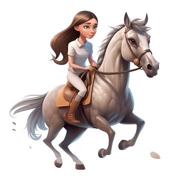 Illustration of a beautiful young girl riding a horse on a white background
