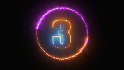 Neon shiny number 3 (Three) with text in neon fire circle round.