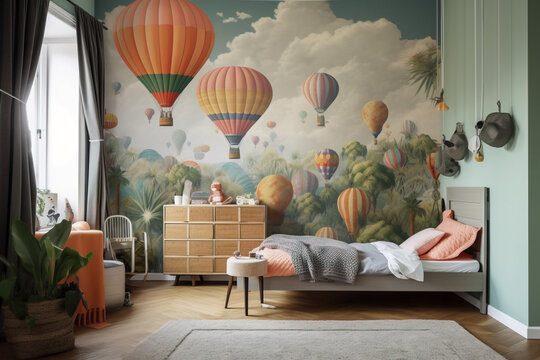 Fototapeta Creative and bright eco design of a children's room. Bright fantasy wallpaper on the wall of baby room. Adventure theme. Photorealistic illustration.