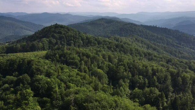 Aerial drone footage of amazing natural landscapes, beautiful mountains and green various forests at summer sunny day. Outdoor environment at nature scenery woodland with blue sky