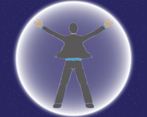 Obraz premium vector design of a man in a black suit standing holding his arms up in a bright blue white circle with tiny dots effect like stars in the sky on dark blue background